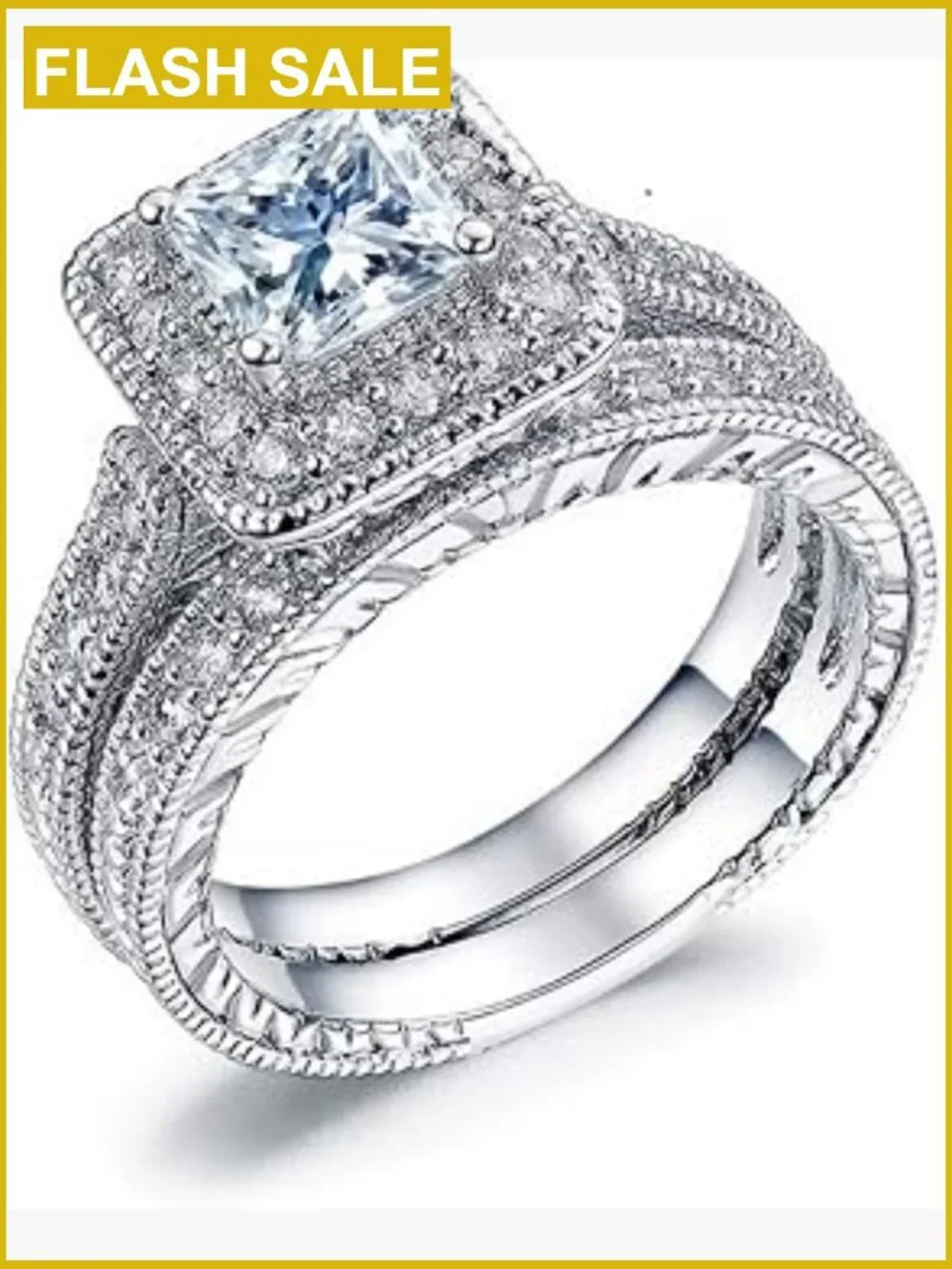 Halo Cubic Zirconia Wedding Ring Set Size 9 Double Layer Sterling Silver